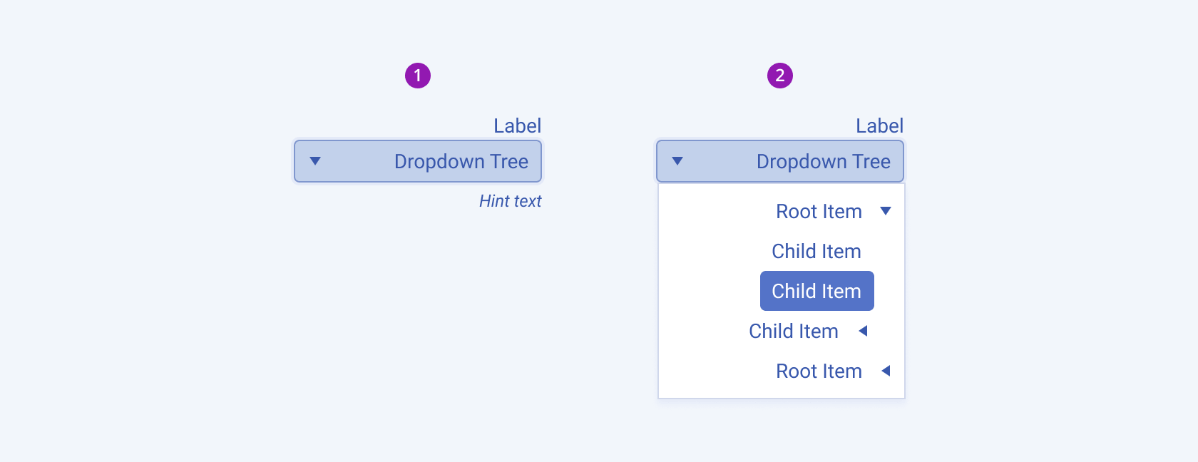 A Telerik and Kendo UI DropDownTree in collapsed and expanded state demonstrating the right-to-left option.