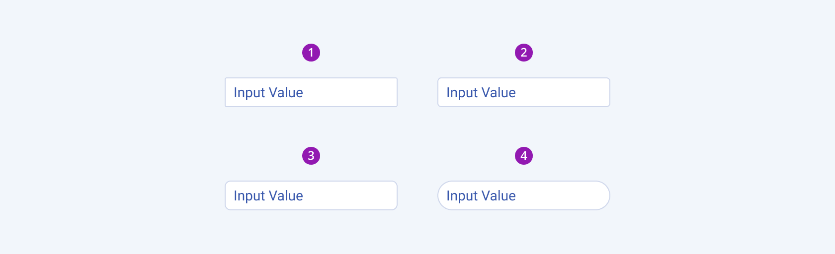 Available border radiuses in the Telerik and Kendo UI TextBox component including small, default medium, and large. Three Telerik and Kendo UI TextBox components demonstrating the small, default medium, and large fill modes respectively.