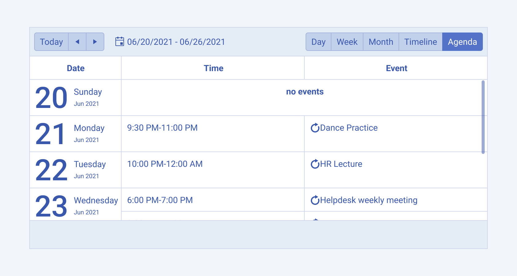 Agenda view of a Telerik and Kendo UI Scheduler component A Telerik and Kendo UI Scheduler component agenda view
