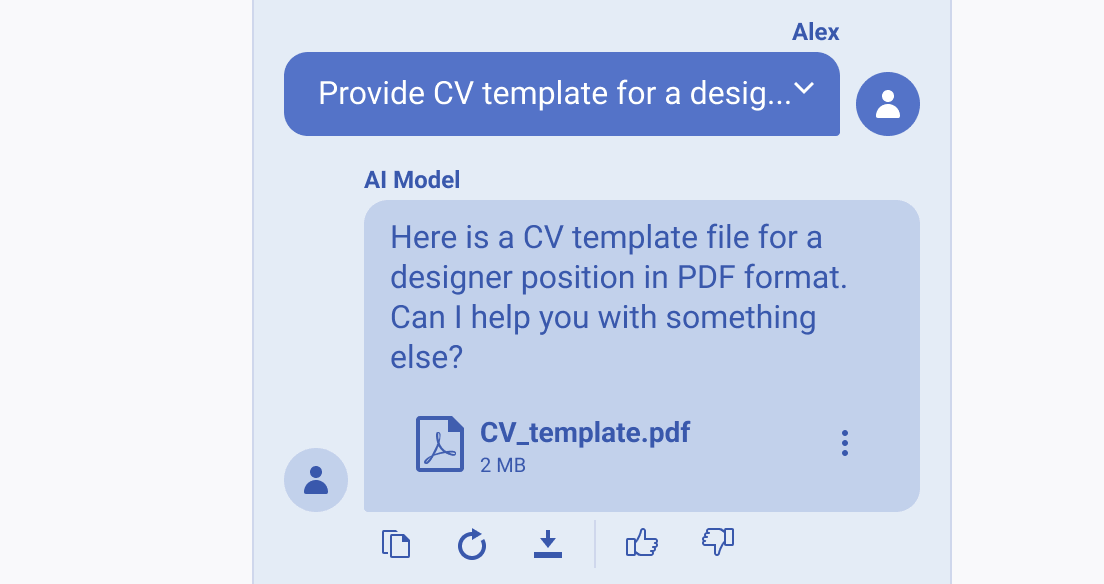 Use the message toolbar below output message bubbles in the context of person-to-AI model conversation. A Telerik and Kendo UI Chat used for person-to-AI model conversation with a message toolbar below output message bubble.