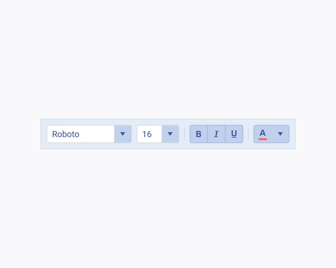 Use the Telerik and Kendo UI ColorPicker when space efficiency is a priority. A Telerik and Kendo UI ColorPicker used in a toolbar