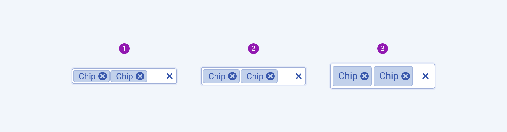 Available sizes in the Telerik and Kendo UI MultiSelectTree component including small, default medium, and large. Three Telerik and Kendo UI MultiSelectTrees components demonstrating the small, default medium, and large sizes respectively.