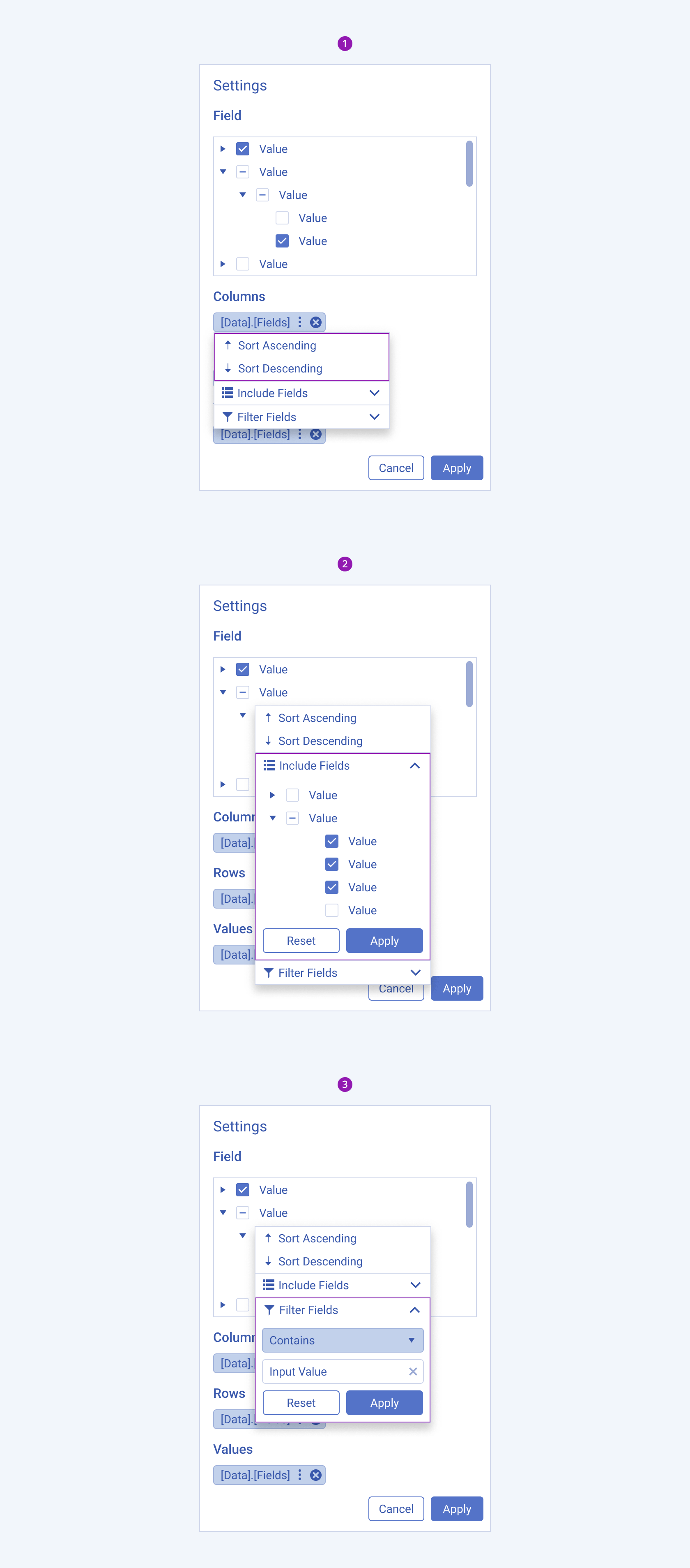 Available settings options in the Telerik and Kendo UI PivotGrid component including sorting and filtering data. The Telerik and Kendo UI PivotGrid component demonstrating the sorting, include fields, and filtering options.