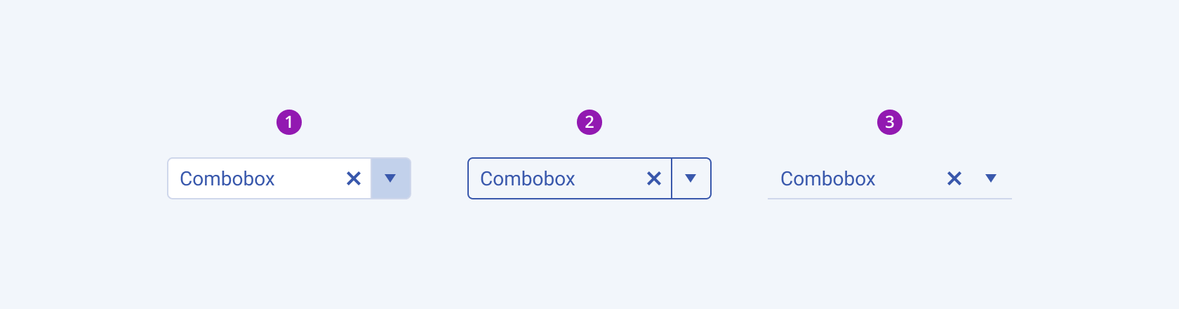 Three Telerik and Kendo UI ComboBox components demonstrating the default solid, outline, and flat fill modes respectively.