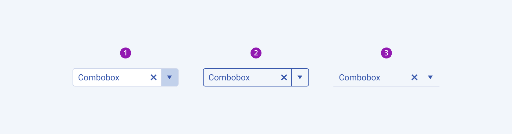 Available fill modes in the Telerik and Kendo UI ComboBox component including default solid, outline, and flat. Three Telerik and Kendo UI ComboBox components demonstrating the default solid, outline, and flat fill modes respectively.