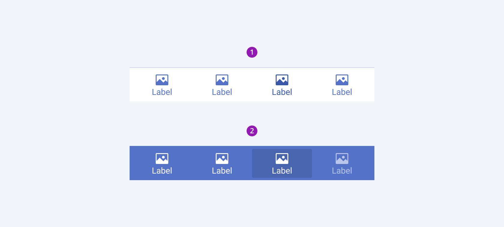 Available fill modes in the Telerik and Kendo UI BottomNavigation component including default flat and solid. Two Telerik and Kendo UI BottomNavigation components demonstrating the default flat and solid fill modes respectively.