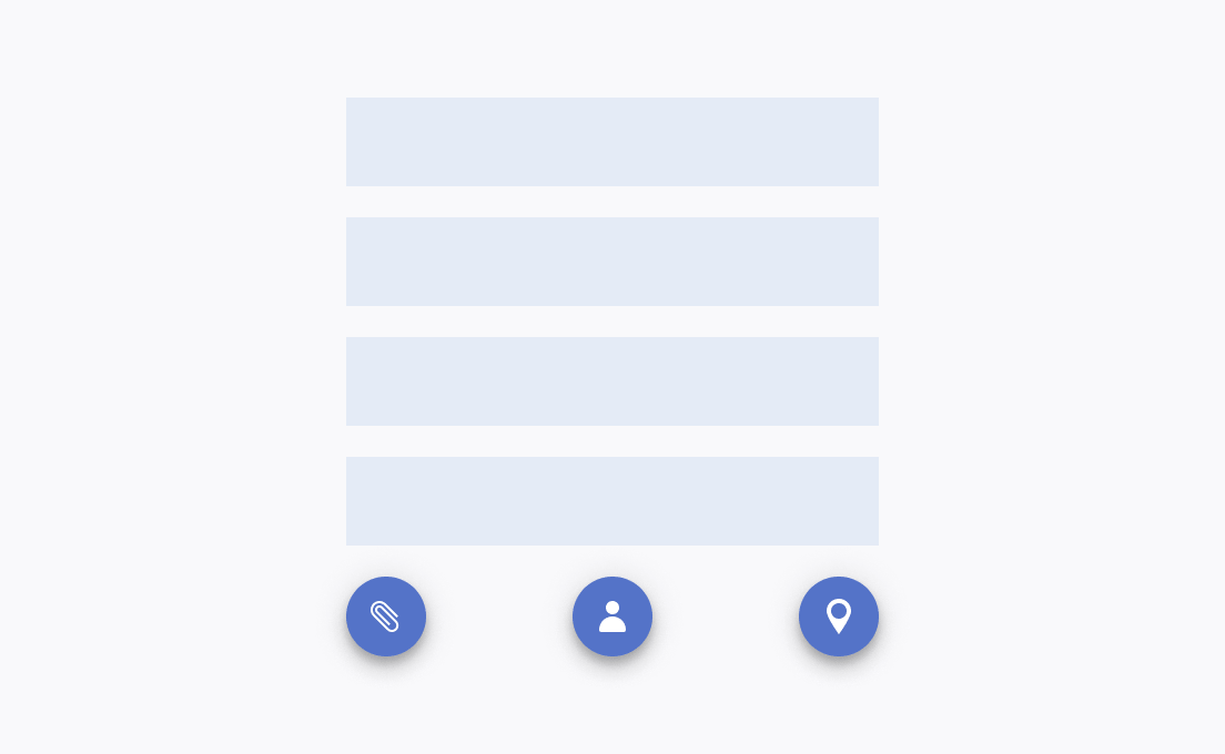 Three Telerik and Kendo UI FloatingActionButton with the same fill mode and color in a container.