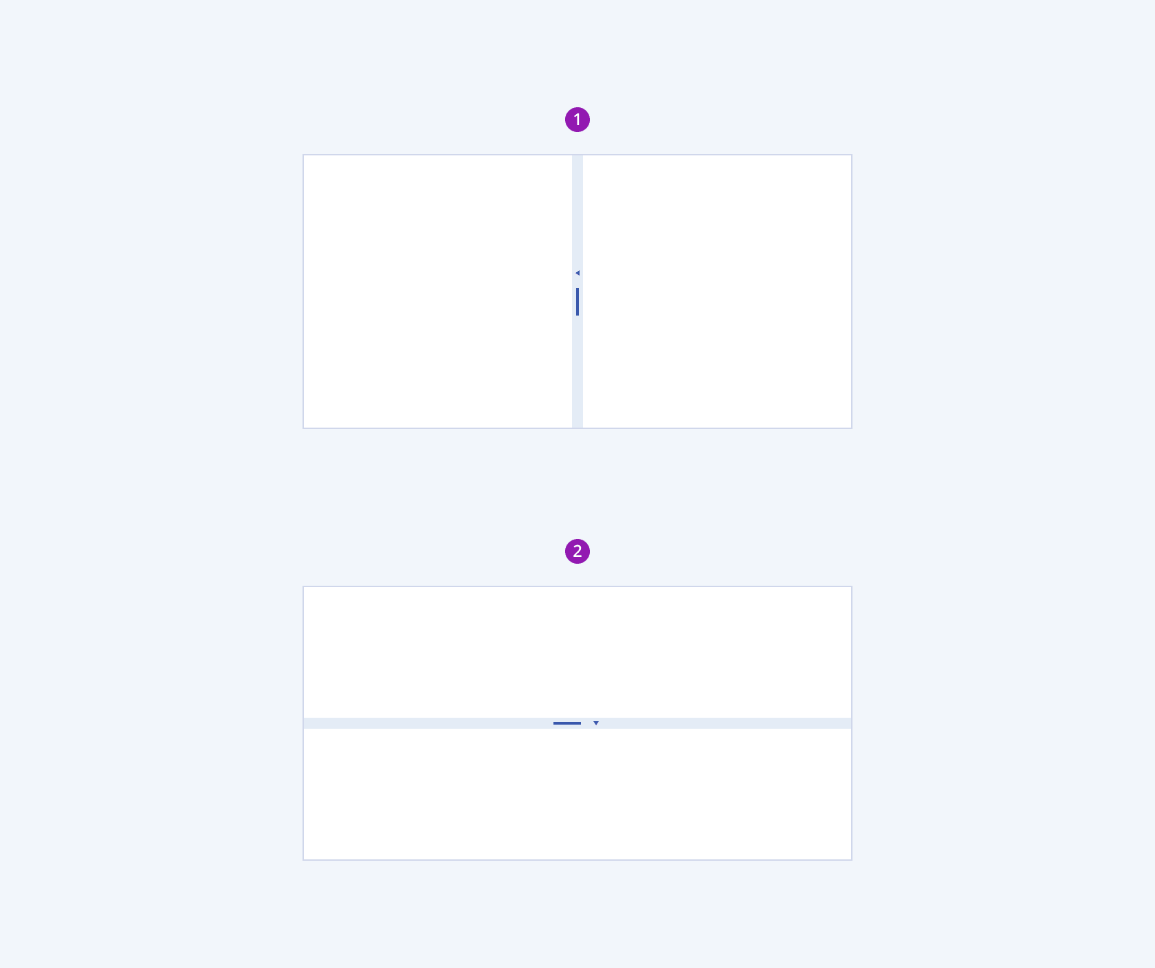 The two possible orientations of the Telerik and Kendo UI Splitter component Two Telerik and Kendo UI Splitter components displaying the vertical and horizontal orientations