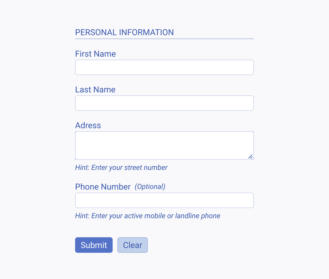 A representation of a Telerik and Kendo UI Form with concise labels and hints A Telerik and Kendo UI Form with concise labels and hints