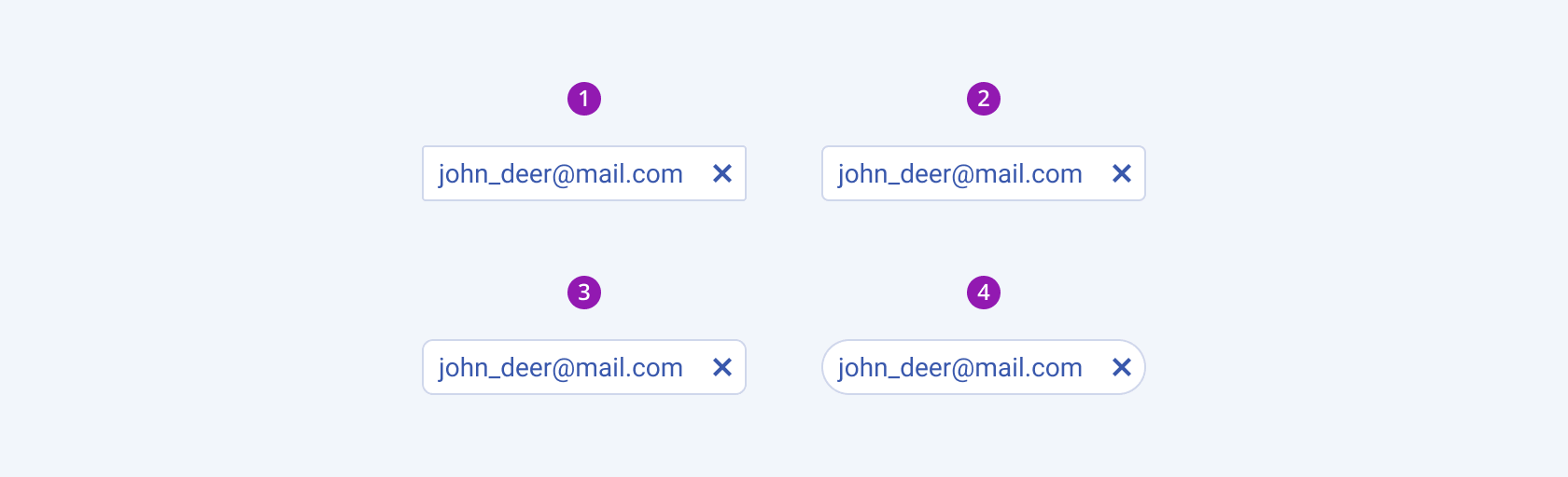 Four Telerik and Kendo UI MaskedTextBox components demonstrating the small, medium, large, and full fill modes respectively.