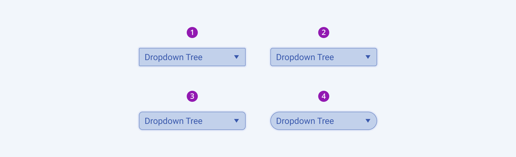 Available border radiuses in the Telerik and Kendo UI DropDownTree component including small, default medium, large, and full. Four Telerik and Kendo UI DropDownTree components demonstrating the small, default medium, large, and full fill modes respectively.