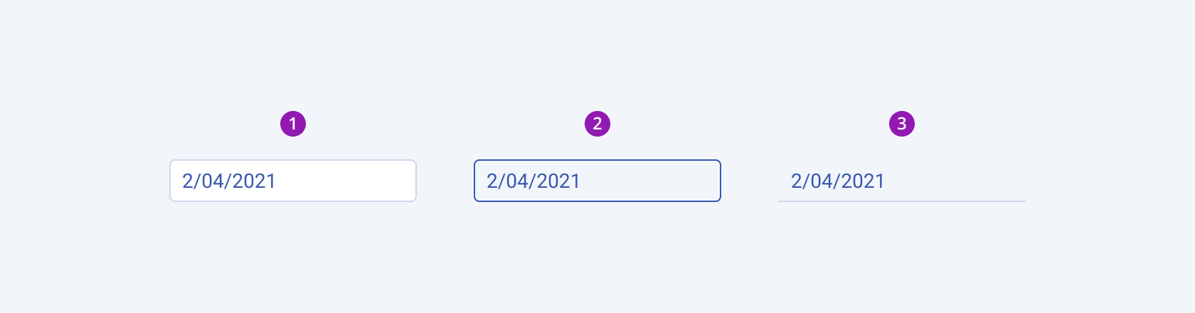 Three Telerik and Kendo UI DateInput components demonstrating the default solid, outline, and flat fill modes respectively.