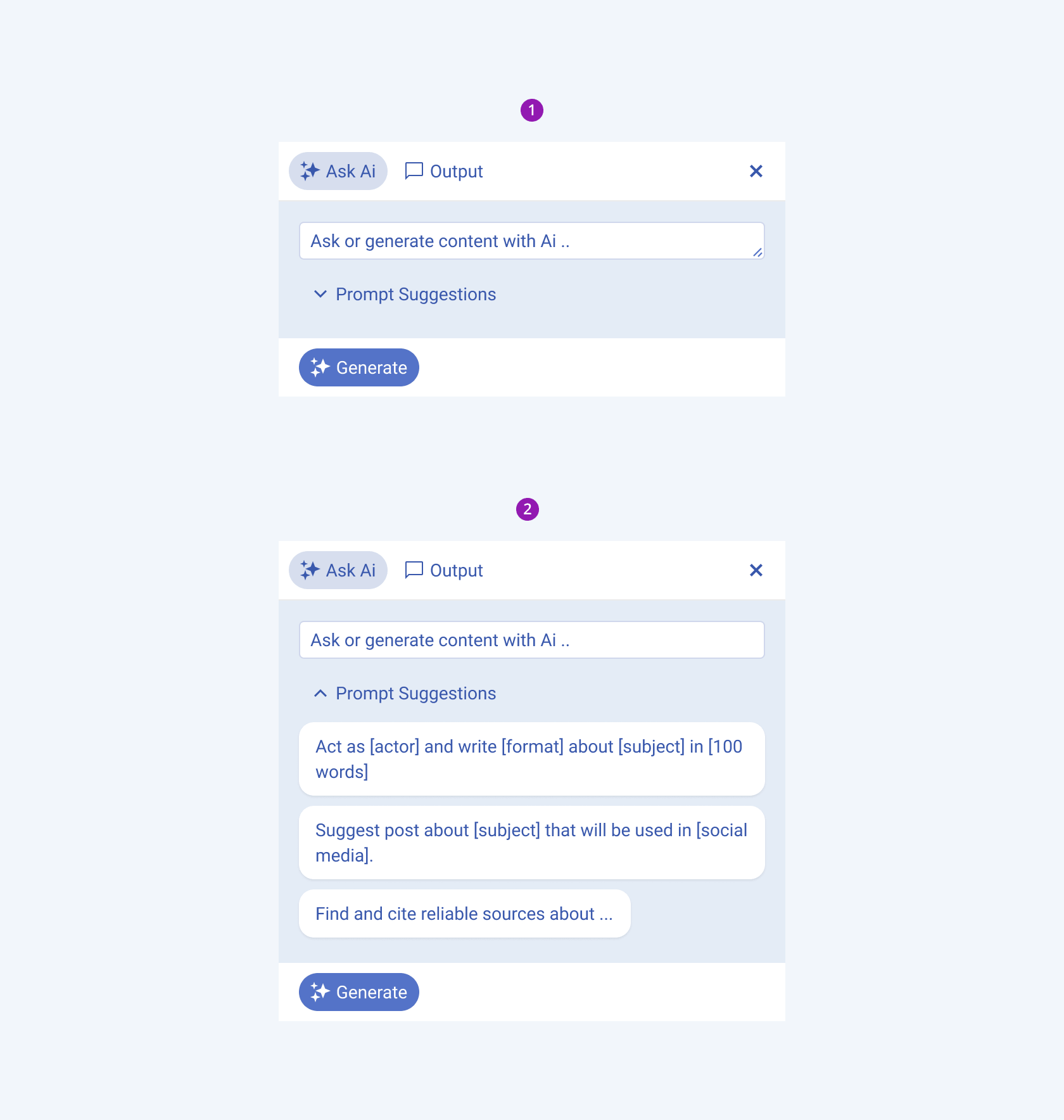 A Telerik and Kendo UI AIPrompt component shows a list of pre-generated prompt suggestions. A Telerik and Kendo UI AIPrompt with collapsed prompt suggestions.