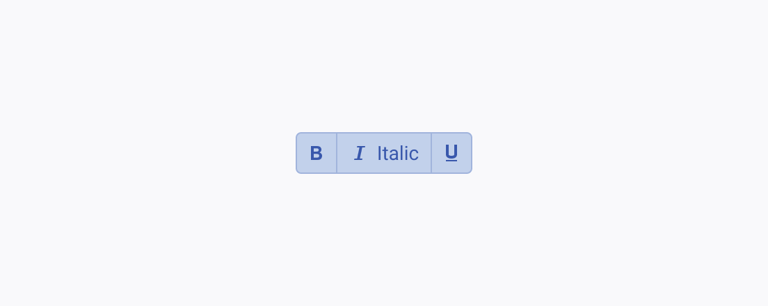Do not use a mixture of button types, for example, a combination between icon, icon-and-text, and text-only, inside a single Telerik and Kendo UI ButtonGroup component. A Telerik and Kendo UI ButtonGroup using icon and icon-and-text buttons inside the component.