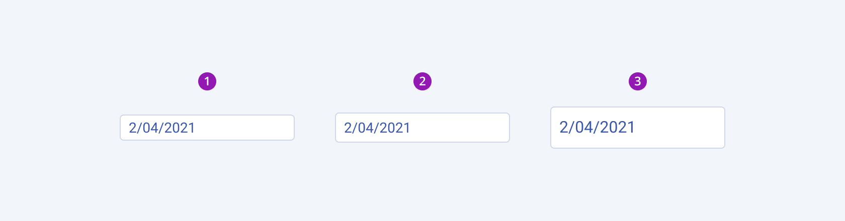 Three Telerik and Kendo UI DateInput components demonstrating the small, default medium, and large sizes respectively.