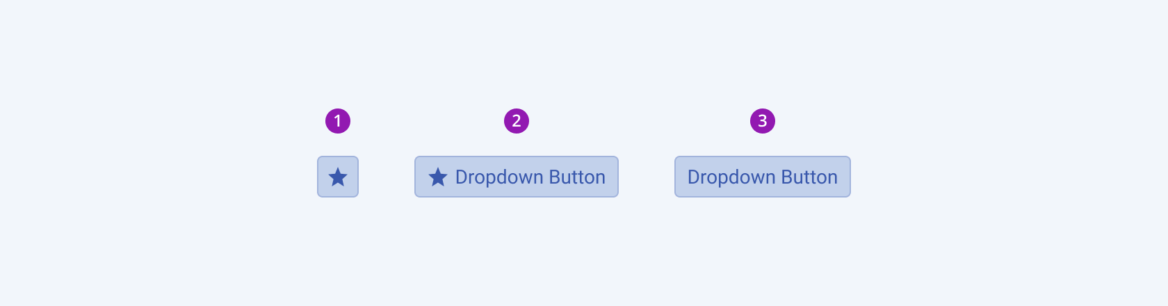 Three available variants in the Telerik and Kendo UI DropDownButton component including an icon-only, icon-and-text, and text-only buttons. Three variants of the Telerik and Kendo UI DropDownButton component showing an icon-only button, an icon-and-text button, and a text-only button.