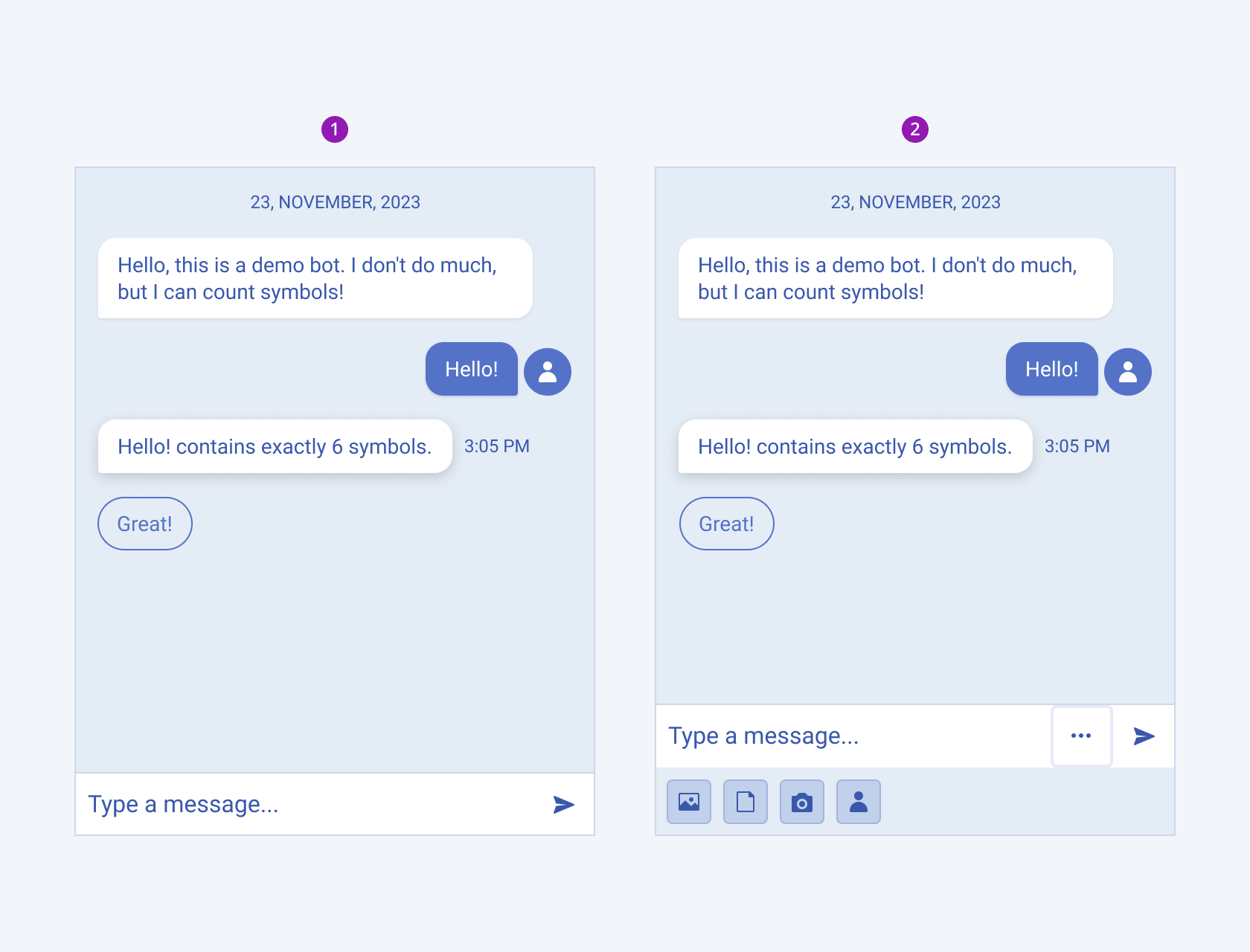 Two variants of the Telerik and Kendo UI Chat component including a simple Chat and a Chat with More Options Button