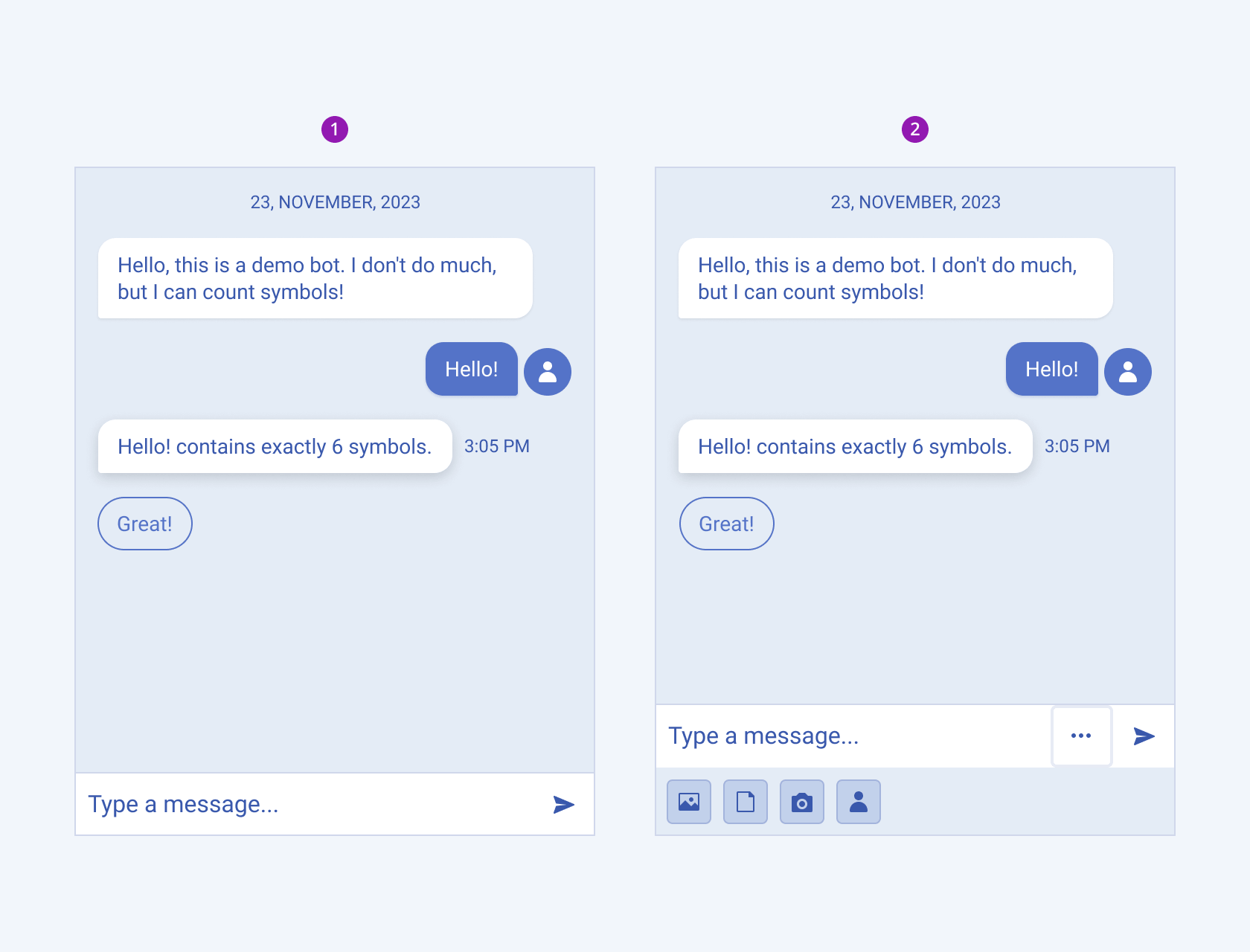 The two available variants of the Telerik and Kendo Chat component Two variants of the Telerik and Kendo UI Chat component including a simple Chat and a Chat with More Options Button