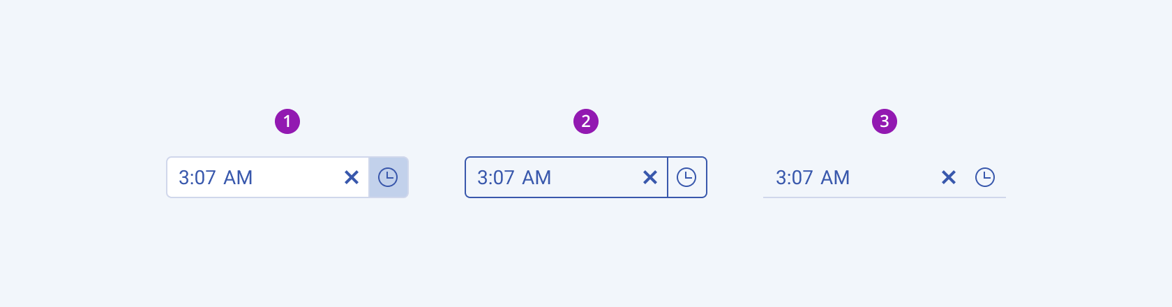 Available fill modes in the Telerik and Kendo UI TimePicker component including default solid, outline, and flat. Three Telerik and Kendo UI TimePicker components demonstrating the default solid, outline, and flat fill modes respectively.