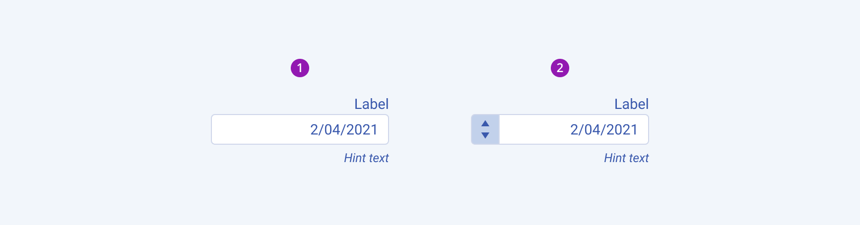Two available variants in the Telerik and Kendo UI DateInput component including the default rendering and the rendering with spin buttons using right-to-left option. Two variants of the Telerik and Kendo UI DateInput component showing the right-to-left option displaying its default rendering and the rendering with spin buttons respectively.