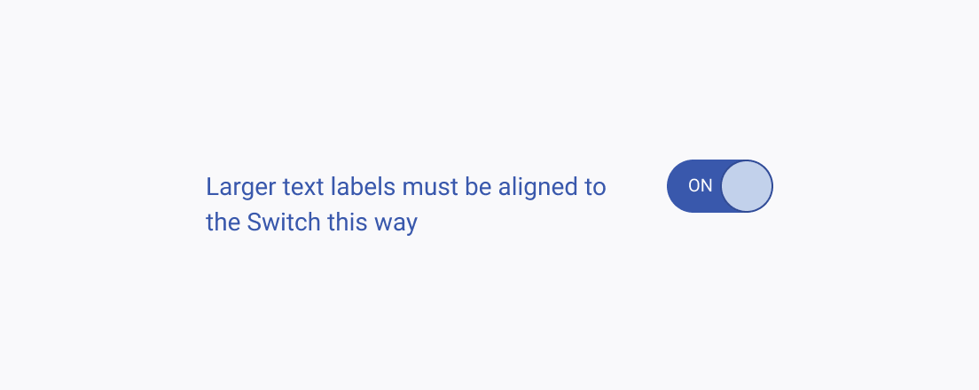 Align the Telerik and Kendo UI Switch horizontally centered to the first row of its label. Telerik and Kendo UI Switch horizontally aligned to the first row of its longer label.