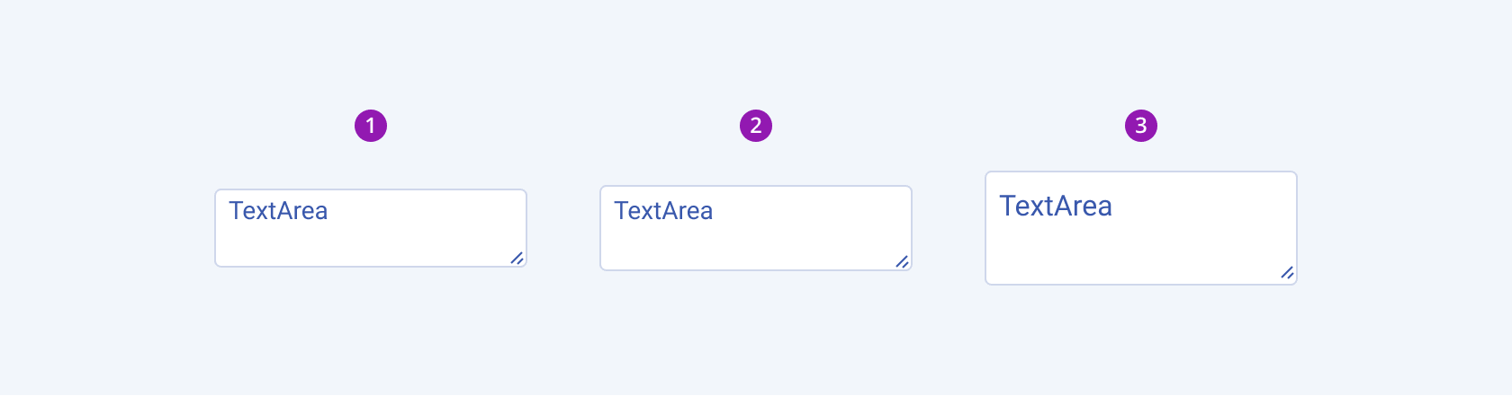 Three Telerik and Kendo UI TextArea components demonstrating the small, default medium, and large sizes respectively.