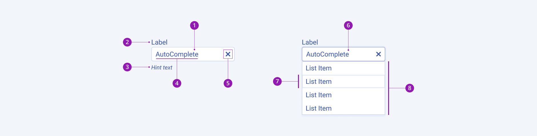 A Telerik and Kendo UI AutoComplete component with the input field, label, hint text, and placeholder or input value.