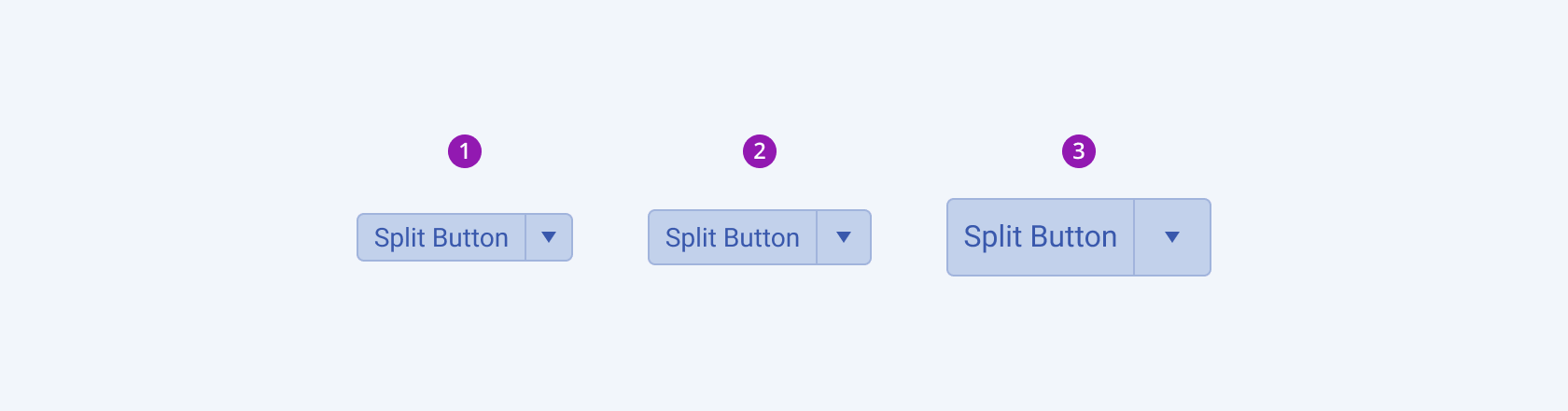 Three Telerik and Kendo UI SplitButton components demonstrating the small, default medium, and large sizes respectively.