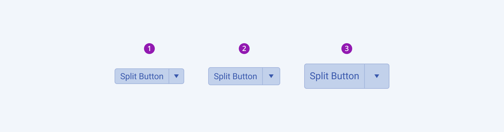Available sizes in the Telerik and Kendo UI SplitButton component including small, default medium, and large. Three Telerik and Kendo UI SplitButton components demonstrating the small, default medium, and large sizes respectively.