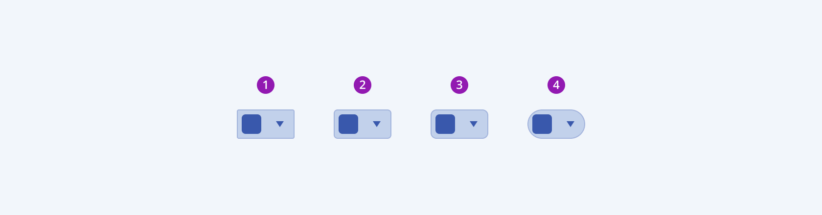 Available border radiuses in the Telerik and Kendo UI ColorPicker components demonstrating the small, default medium, large, full, and none fill modes respectively. Five Telerik and Kendo UI ColorPicker components demonstrating the small, default medium, large, full, and none fill modes respectively.