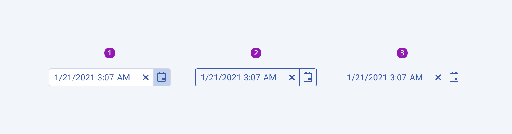 Available fill modes in the Telerik and Kendo UI DateTimePicker component including default solid, outline, and flat. Three Telerik and Kendo UI DateTimePicker components demonstrating the default solid, outline, and flat fill modes, respectively.