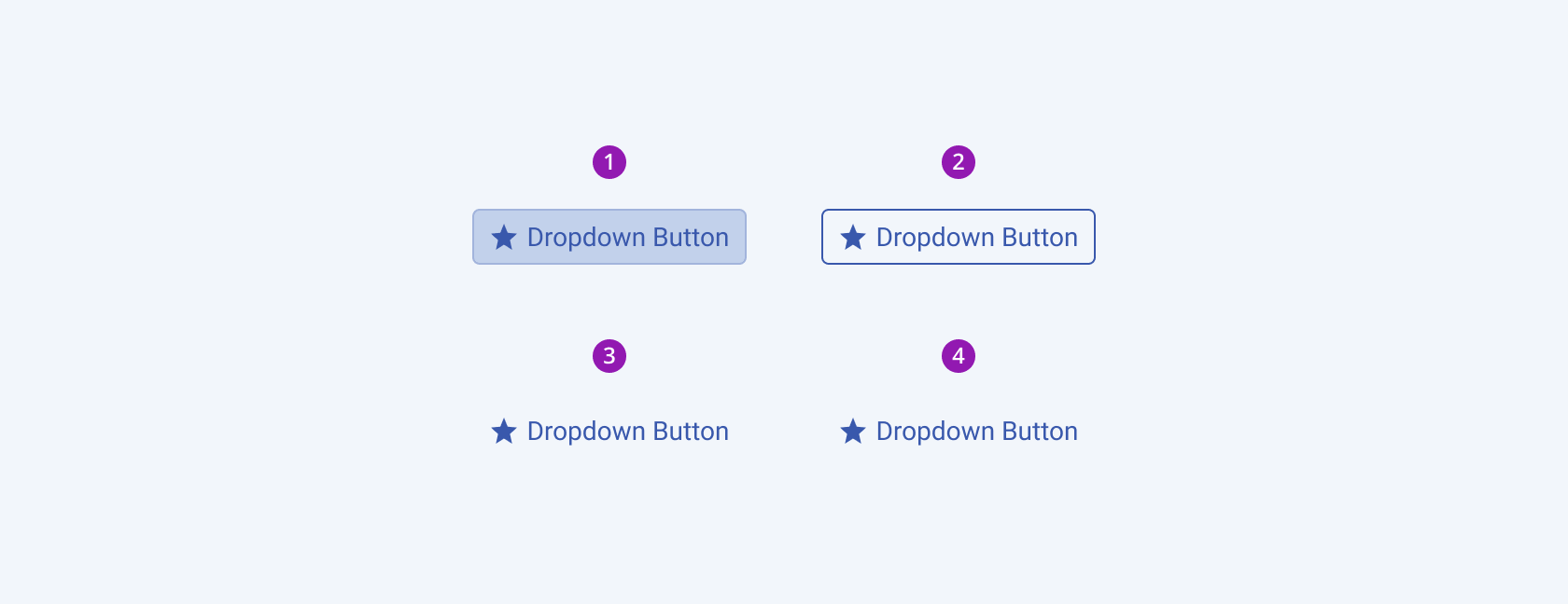 Available fill modes in the Telerik and Kendo UI DropDownButton component including default solid, outline, and flat. Three Telerik and Kendo UI DropDownButton components demonstrating the solid, outline, and flat fill modes respectively.