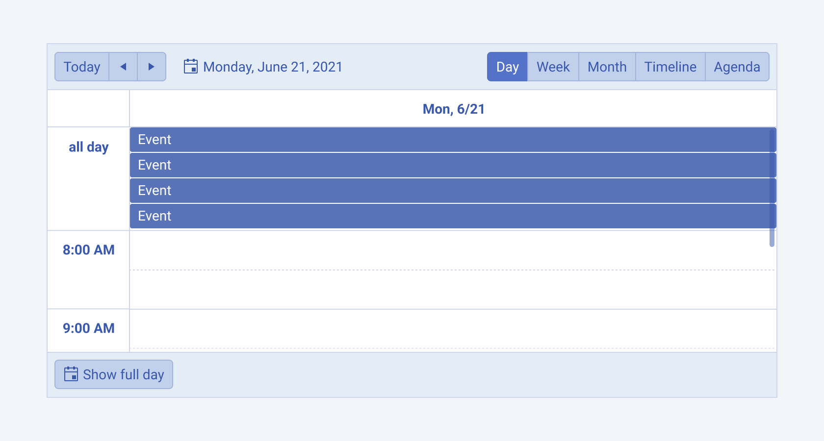 Day view of a Telerik and Kendo UI Scheduler component A Telerik and Kendo UI Scheduler component day view