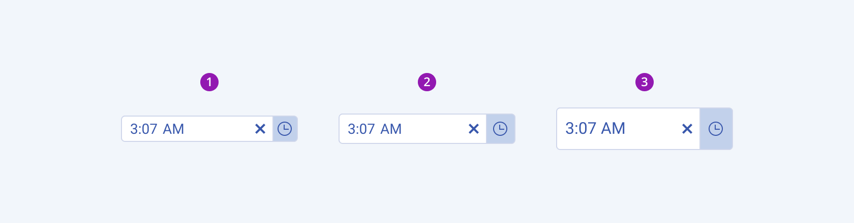 Available sizes in the Telerik and Kendo UI TimePicker component including small, default medium, and large. Three Telerik and Kendo UI TimePicker components demonstrating the small, default medium, and large sizes respectively.