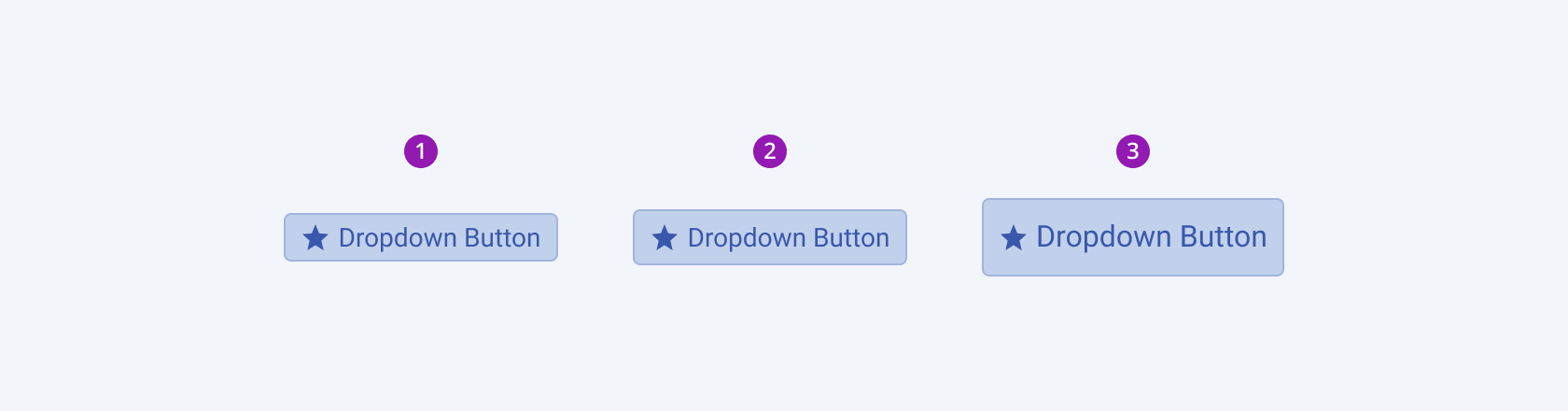 Available sizes in the Telerik and Kendo UI DropDownButton component including small, default medium, and large. Three Telerik and Kendo UI DropDownButton components demonstrating the small, medium, and large sizes respectively.