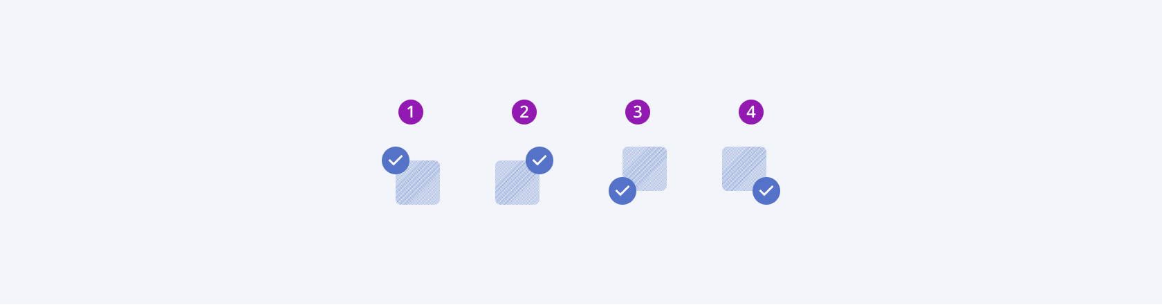 Available alignment options in the Telerik and Kendo UI Badge component including horizontal start, hoziontal end, vertical top, and vertical bottom. Four Telerik and Kendo UI Badge components demonstrating the horizontal and vertical alignment options.
