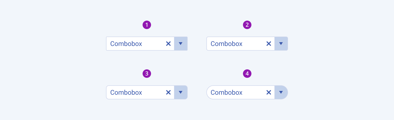 Available border radiuses in the Telerik and Kendo UI ComboBox component including small, default medium, large, and full. Four Telerik and Kendo UI ComboBox components demonstrating the small, default medium, large, and full fill modes respectively.