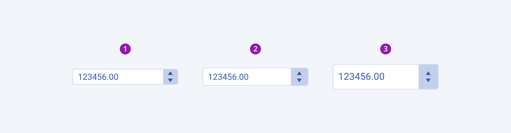 Three Telerik and Kendo UI NumericTextBox components demonstrating the small, default medium, and large sizes respectively.