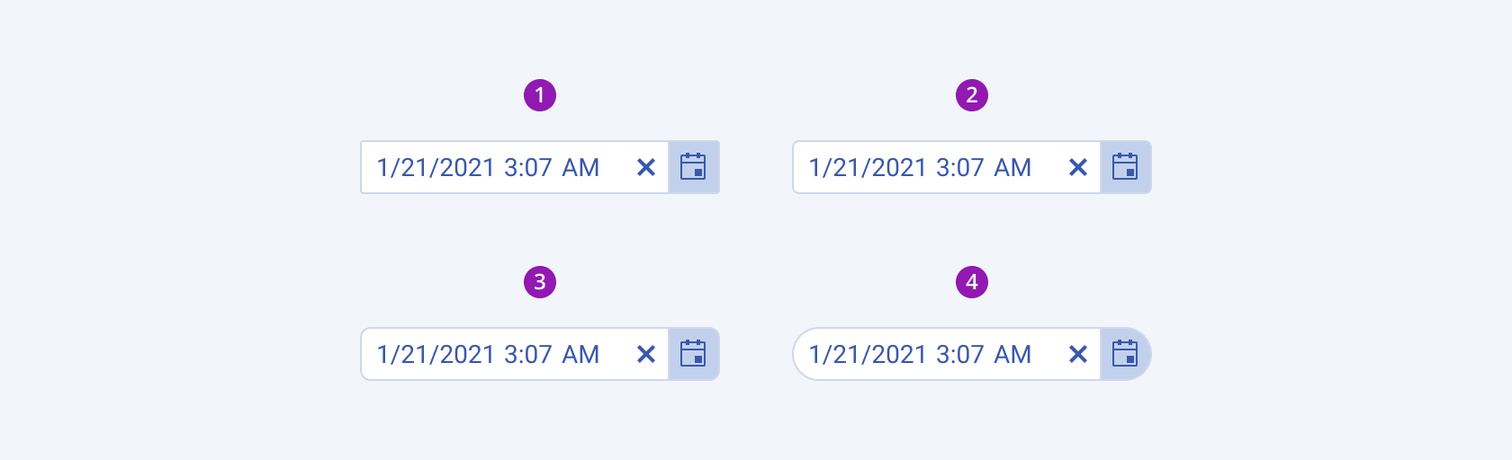 Available border radiuses in the Telerik and Kendo UI DateTimePicker component including small, default medium, large, and full. Four Telerik and Kendo UI DateTimePicker components demonstrating the small, default medium, large, and full border radius, respectively.