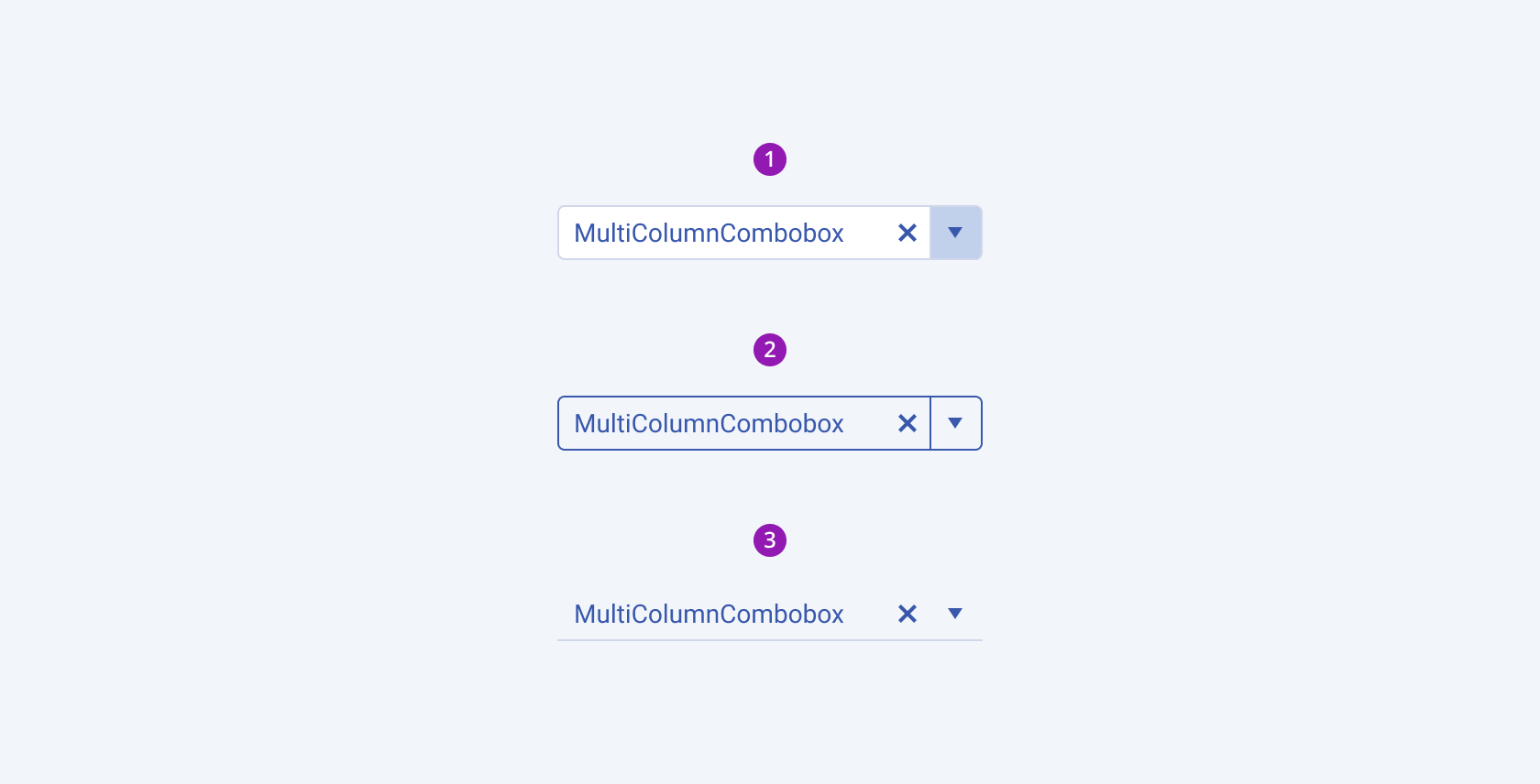 Three Telerik and Kendo UI MultiColumnComboBox components demonstrating the solid, outline, and flat fill modes respectively.