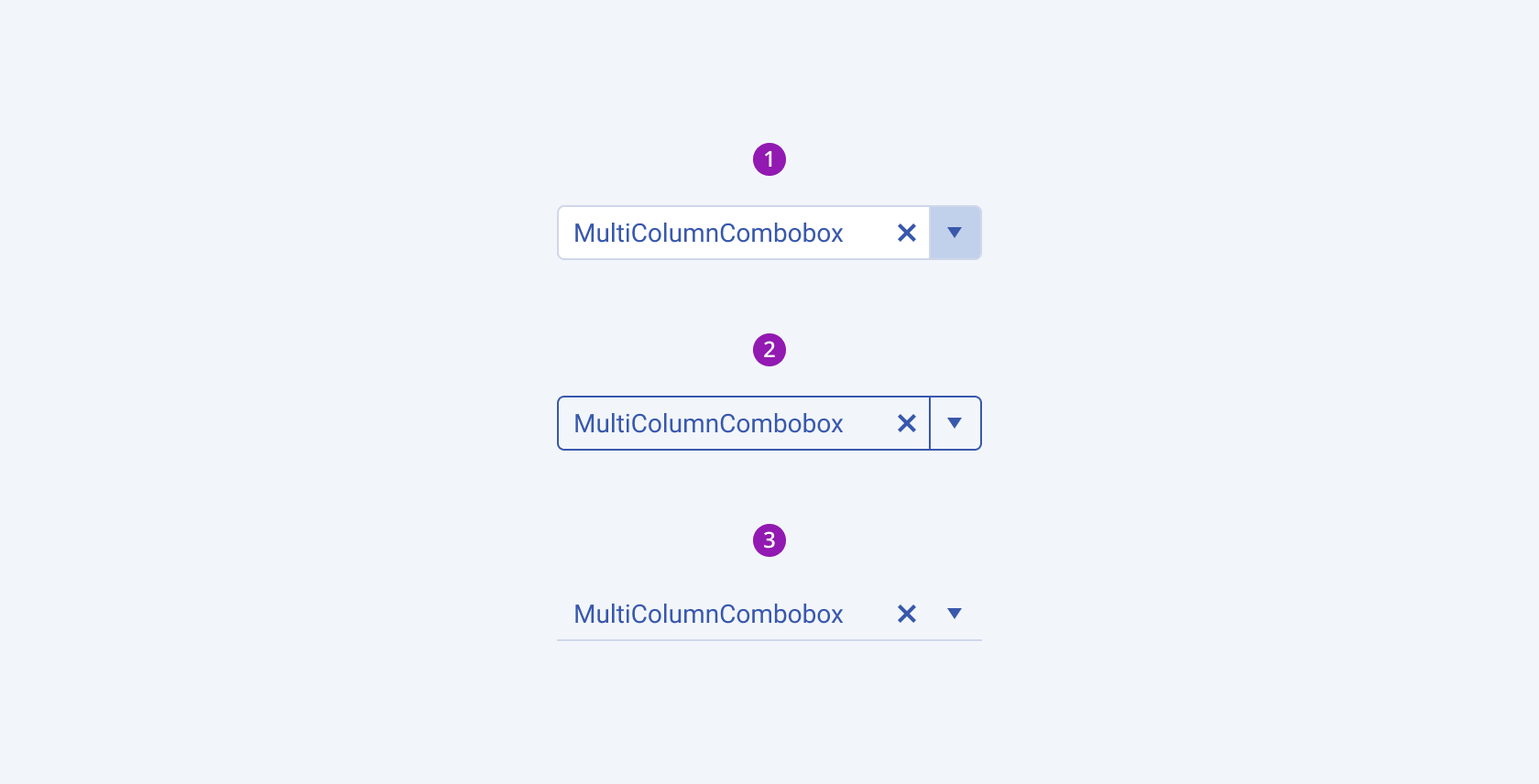Available fill modes in the Telerik and Kendo UI MultiColumnComboBox component including default solid, outline, and flat Three Telerik and Kendo UI MultiColumnComboBox components demonstrating the solid, outline, and flat fill modes respectively.