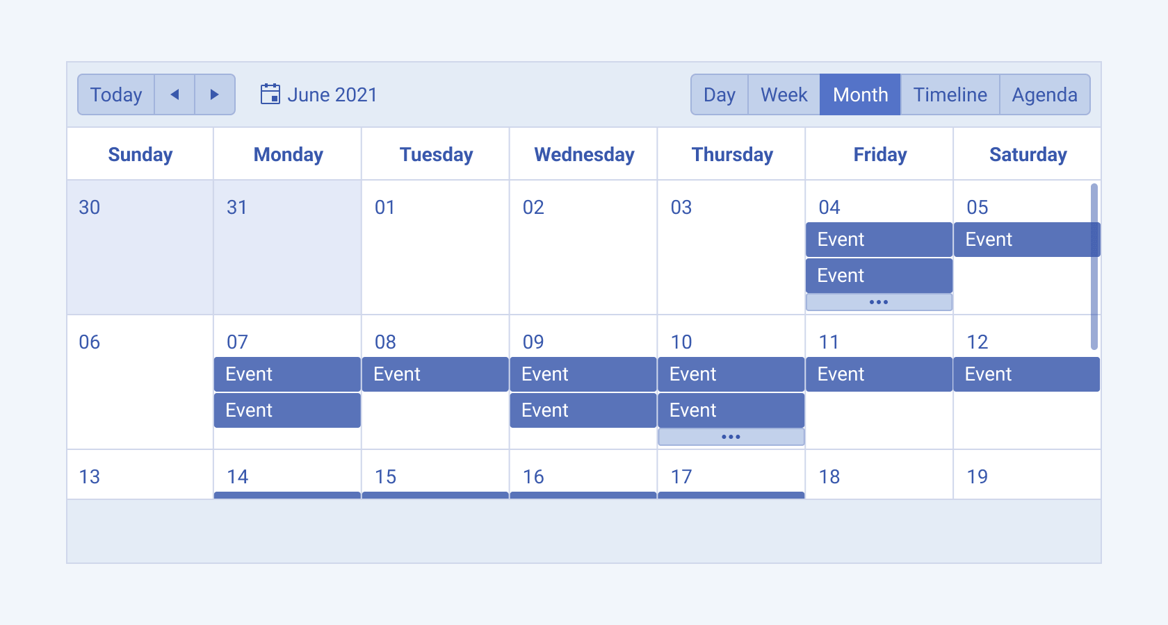 Month view of a Telerik and Kendo UI Scheduler component A Telerik and Kendo UI Scheduler component month view