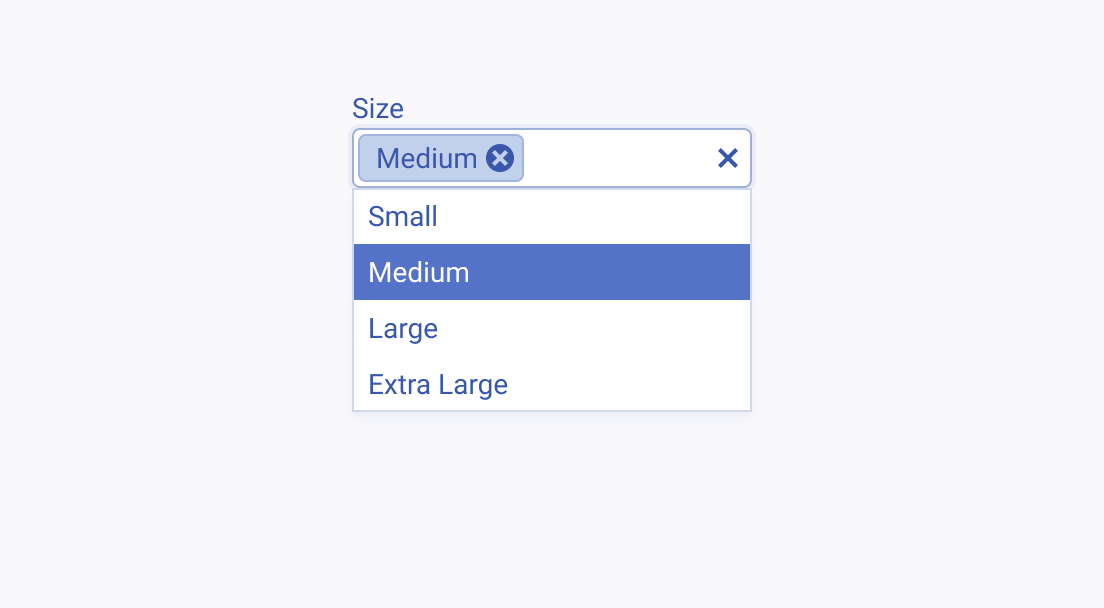 Do not use the Telerik and Kendo UI MultiSelect to allow for a single user selection from a short, predefined set of options. A Telerik and Kendo UI MultiSelect with a single selection from a short list of Size options.