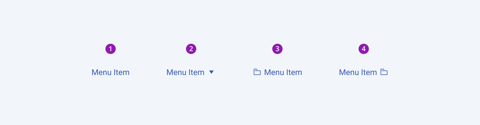 A Telerik and Kendo UI Menu component and its possible variants including label only Menu, Menu with expand icon, Menu with icon before, and Menu with icon after