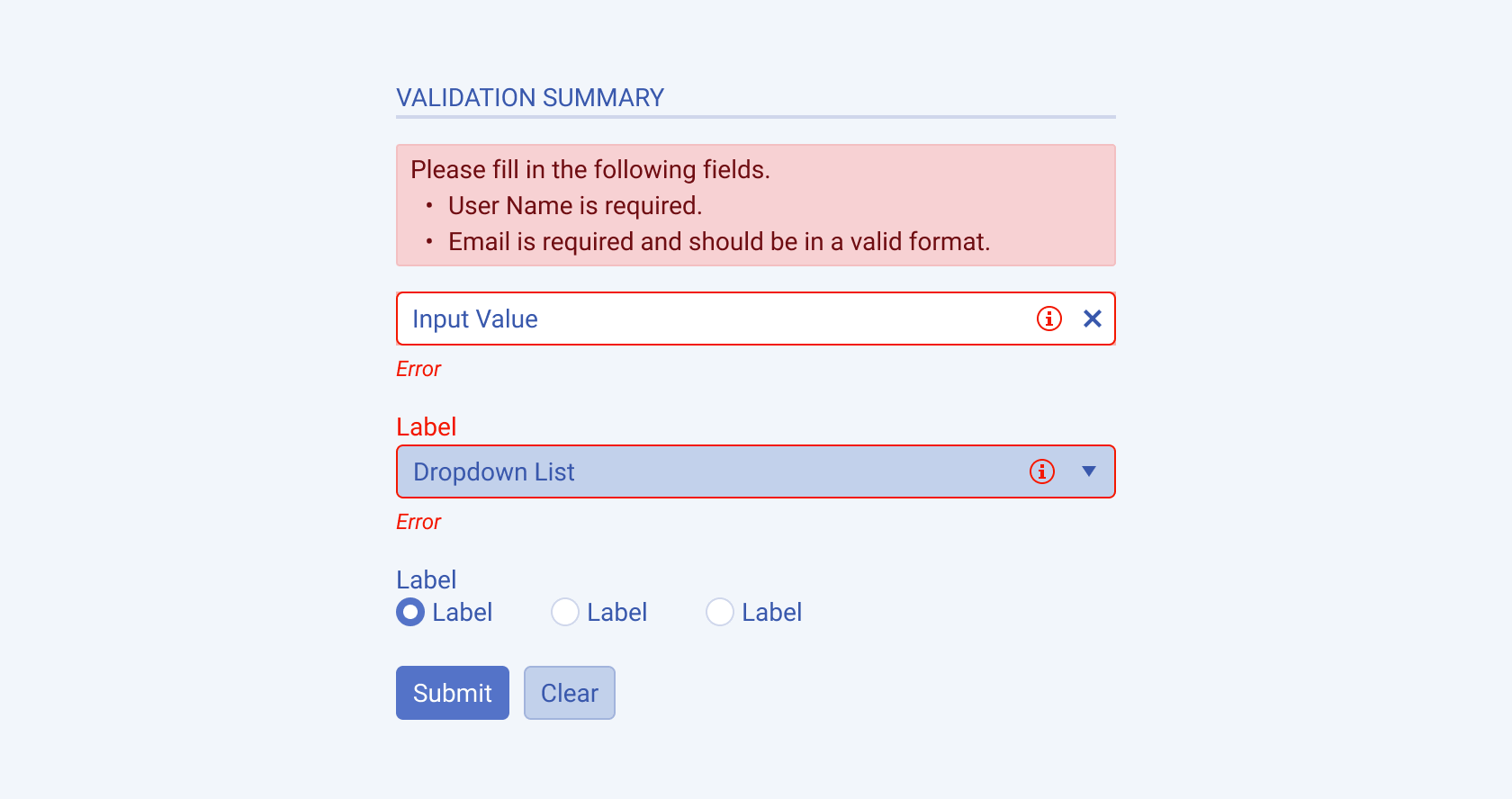 A representation of the form form validation elements in the Telerik and Kendo UI Form A Telerik and Kendo UI Form component with form validation elements