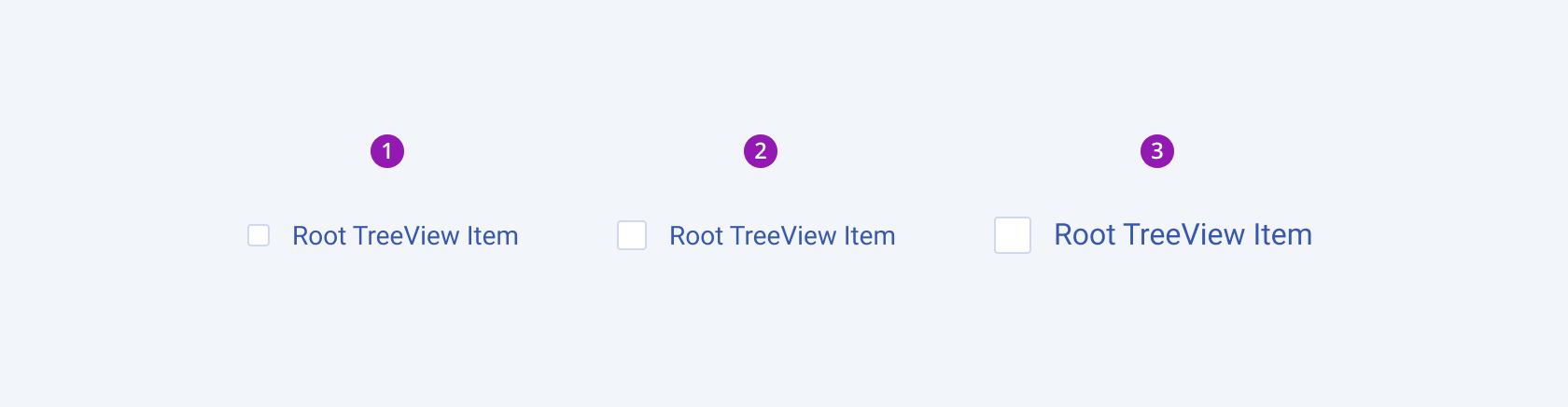 Available sizes in the Telerik and Kendo UI TreeView component including small, default medium, and large. Three Telerik and Kendo UI TreeView components demonstrating the small, default medium, and large sizes respectively.