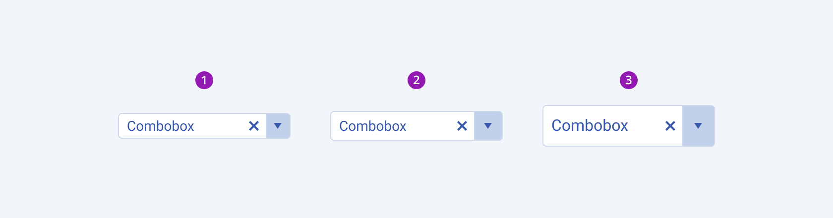 Three Telerik and Kendo UI ComboBox components demonstrating the small, default medium, and large sizes respectively.