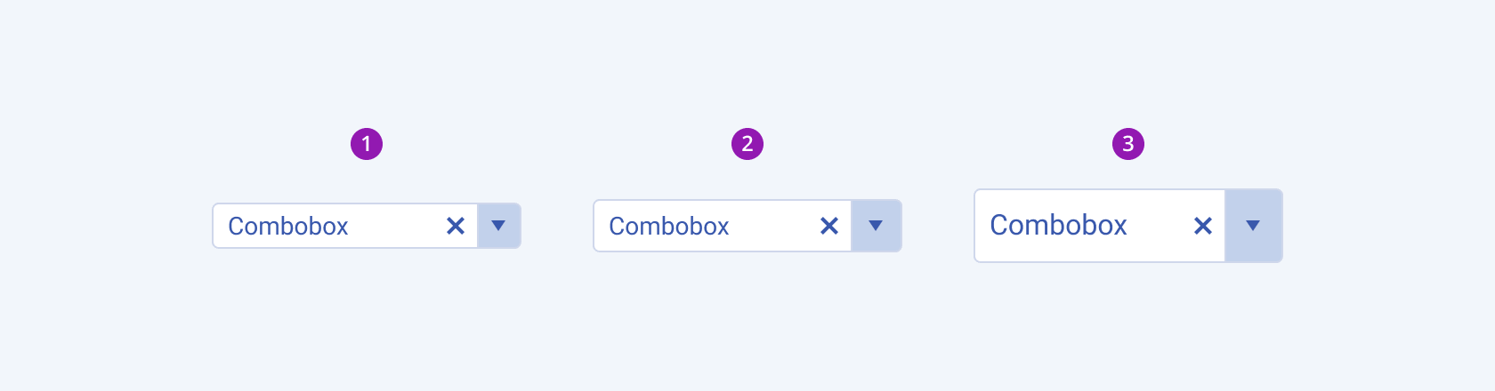 Available sizes in the Telerik and Kendo UI ComboBox component including small, default medium, and large. Three Telerik and Kendo UI ComboBox components demonstrating the small, default medium, and large sizes respectively.