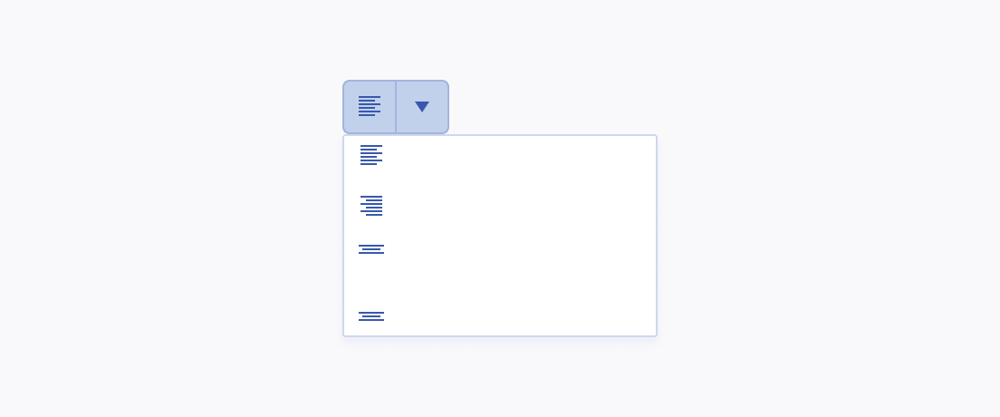 Do not use icon-only list items within the drop-down menu of the Telerik and Kendo UI SplitButton. A Telerik and Kendo UI SplitButton with an icon-only label and list items within its drop-down menu.