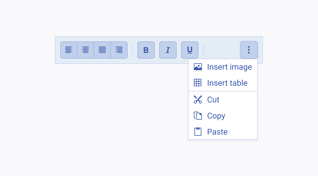 A Telerik and Kendo UI ToolBar displaying the hidden items in an overflow popup.